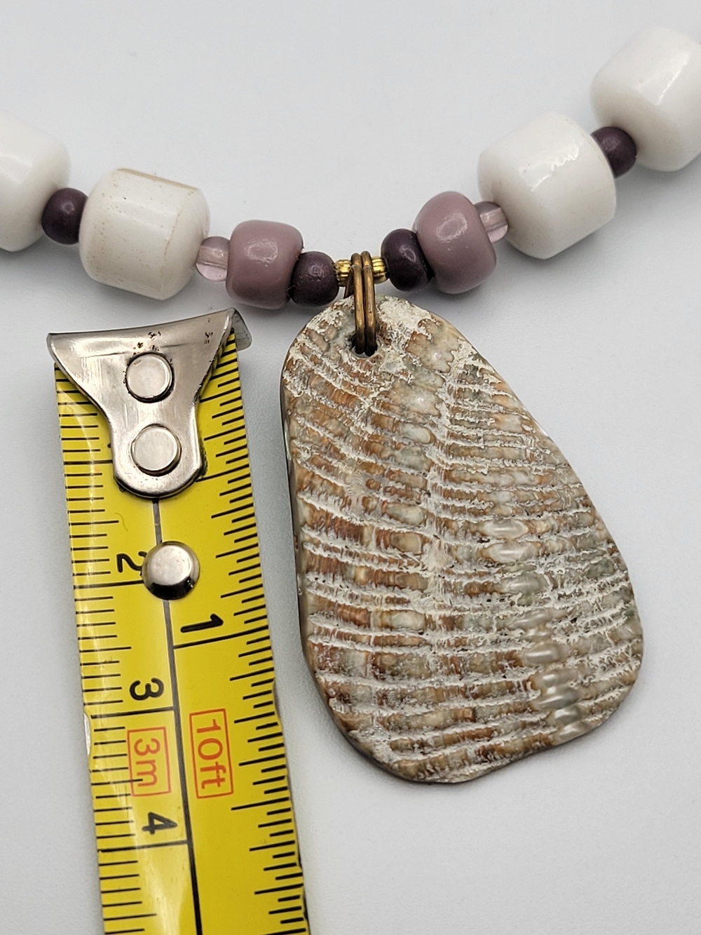 Handmade White & Mauve Beaded Necklace with Textured Pendant - Picture 4 of 7